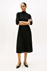 Kadın Fitilli Beli Büzgülü Eteği Piliseli Midi Elbise - Siyah | S