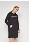 Kapşonlu Nakış İşlemenli Monotyp Hoodıe Günlük Elbise