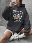 Sıcak Latte Kedi Baskılı Sweatshirtler Kadınlar İçin Günlük Bol Kapüşonlu Üstler Kışlık Polar