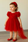 Kız Bebek Kırmızı Elbise Kısa Kollu Fiyonklu Doğum Günü Parti Düğün Özel Gün Tüllü Astarlı Prenses Parti Elbise 
