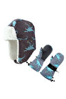 Petityu Su Geçirmez Erkek Çocuk Bere Eldiven Set 2-4 Yaş Kayak Snowboard Gri Mavi Dino