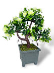 Yapay Çiçek Beyaz Çiçekli Bonsai Ağacı Dekoratif Yapay Ağaç Bonzai 29*24 CM Siyah Kare Saksıda
