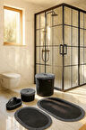 BHR Creative Jüt Halat İp 6 parça Banyo Seti Siyah-Paspas-Kilim-Halı-Kirli Sepeti-Sepet
