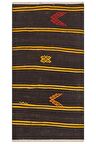 SİYAH SARI RENGİ ÇİZGİLİ DESEN EL DOKUMA VİNTAGE KİLİM