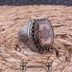 925 Ayar Gümüş Sıkma Kehribar Taşlı Mühr-İ Süleyman Desenli Erkek Yüzük