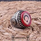 925 Ayar Gümüş Sıkma Kehribar Taşlı Ay Yıldız Desenli Erkek Yüzük