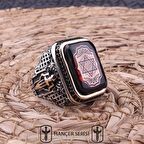 925 Ayar Gümüş Sıkma Kehribar Taşlı Çift Başlı Zülfikar Desenli Erkek Yüzük