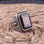 925 Ayar Gümüş Sıkma Kehribar Taşlı  Oğuz Kağan Mührü Desenli Erkek Yüzük