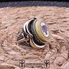 925 Ayar Gümüş Sıkma Kehribar Taşlı Göktürkler'in Devlet Arması Desenli Erkek Yüzük