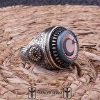 925 Ayar Gümüş Sıkma Kehribar Taşlı Ay Yıldız Desenli Erkek Yüzük