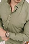 Haki Yaka Düğmeli Keten Slimfit   Gömlek