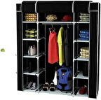 Çift Yandan Raflı Askılı Metal Profilli Kumaş Geniş Bez Dolap, Portatif Gardırop-Siyah
