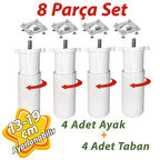 4 Adet Destek Ayağı 13-19 cm Beyaz ve 4 Adet  Metal Düz Ayak Tabanı M8 Civatalı İnce Diş Mobilya Kanepe Baza Koltuk Seti