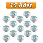 15 Adet Mavi Beyaz Ortanca Çiçek Desenli Polimer Düğme Kulp Mantar Mobilya Mutfak Dolabı Çekmece Kulbu Kulpları