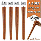 4 Adet Ahşap Ayak 35 Cm Açık Meşe M8 Civatalı Bağlantı Aparatlı Mobilya Tabure Sehpa Masa Destek Ayağı