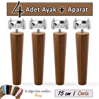 4 Adet Ahşap Ayak 15 Cm Ceviz M8 Civatalı Bağlantı Aparatlı Dolap Mobilya Koltuk Kanepe Destek Ayağı Ayakları
