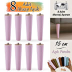 8 Adet Ahşap Ayak 15 Cm Açık Pembe M8 Civatalı Bağlantı Aparatlı Dolap Mobilya Koltuk Kanepe Destek Ayağı Ayakları