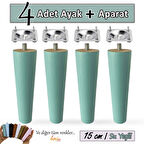 4 Adet Ahşap Ayak 15 Cm Su Yeşili M8 Civatalı Bağlantı Aparatlı Dolap Mobilya Koltuk Kanepe Destek Ayağı Ayakları