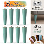 8 Adet Ahşap Ayak 15 Cm Su Yeşili M8 Civatalı Bağlantı Aparatlı Dolap Mobilya Koltuk Kanepe Destek Ayağı Ayakları