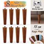 8 Adet Ahşap Ayak 15 Cm Koyu Meşe M8 Civatalı Bağlantı Aparatlı Dolap Mobilya Koltuk Kanepe Destek Ayağı Ayakları