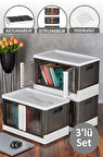 3 Katlı Tekerlekli Çift Kapaklı Kitaplık - İstiflenebilir Katlanır Çok Amaçlı Dolap Düzenleyici Kutu