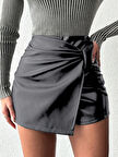 Pu Deri Pensli Fermuarlı Şort Etek