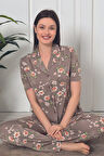 Leopar Desenli Önden Düğmeli Kısa Kol Kadın Pijama Takımı