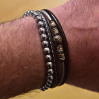 Modern Hematit Deri Kombin Erkek Bileklik Takı