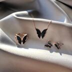 Rose Kaplama Siyah Kelebek Gümüş Set