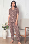 Leopar Desenli Önden Düğmeli Kısa Kol Kadın Pijama Takımı
