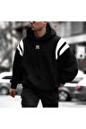 Erkek Siyah Omuz Şeritli Ny Baskılı Oversize Kapşonlu Sweatshirt
