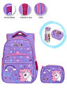 Lila Kristal Unicorn Okul Çantası + My Little Pony Beslenme Kutusu + Pony Suluk İlkokul Çantası