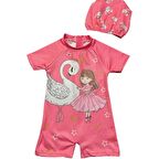 Kız Çocuk Mayo Ve Bone Takımı Balerin Kuğu Karakter Baskılı Kısa Kollu Fermuar Kapamalı Mayo Ve Bone Takımı