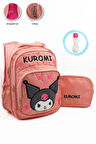 3 Gözlü Tüylü Kuromi İlkokul Çantası + Beslenme + Suluk - Kuromi İlkokul Kız Çantası Mini Kafalı