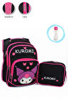 3 Gözlü Tüylü Kuromi İlkokul Çantası + Beslenme + Suluk - Kuromi İlkokul Kız Çantası Mini Kafalı