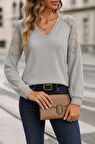 MDB Kadın Uzun Kollu V Yakalı Dantelli Waffle Bluz