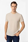 Bej Slim Fit Armürlü Bisiklet Yaka Tişört