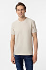 Bej Slim Fit Armürlü Bisiklet Yaka Tişört