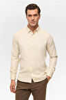 Bej Slim Baskılı Düğmeli Yaka Gömlek