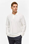 Beyaz Regular Düz Polo Yaka Sweatshirt