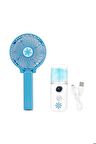 2li Serinlik Seti Şarjlı Mini Fan Masa Üstü El Vantilatörü / Şarjlı Soğuk Buhar Cihazı (mavi)