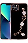 Apple iPhone 14 Kılıf Kalpli Çiçekli Bileklik Zincirli Kamera Korumalı Kenarları Gold Renk, Silikon