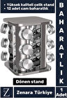 Premium Dayanıklı Çelik Mutfak Kuru Gıda Bakliyat Baharat 12 Cam Şişeli Dönen Baharatlık Standı
