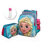Mavi Frozen Elsa Sırt Çantası + Beslenme + Suluk - Elsa İlkokul Çantası Karlar Ülkesi Okul Çantası