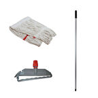 Geniş Yedek Islak Paspas Mop Takımı - Beyaz -Pamuklu -25 Cm. -320 Gr. -Mop + Metal Sap + Mop Tutucu