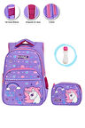 Lila Kristal Unicorn Okul Çantası + Beslenme Unicorn Çanta İlkokul Çantası Sırt Çantası Atcık Çanta