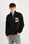 DeFacto Regular Fit Dik Yaka Fermuarlı Baskılı Sweatshirt A4469AX24AUBK81