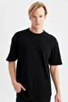 DeFacto Boxy Fit Bisiklet Yaka Kısa Kollu Basic Düz Waffle Siyah Tişört B4443AX24SPBK81