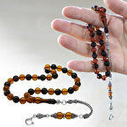 925 Ayar Gümüş Ay Yıldız Püsküllü Küre Kesim Sarı-Siyah Ateş Kehribar Tesbih