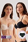 2'li  Paket Siyah-Ten 6015  Push Up Dolgulu Micro T-shirt Sütyen Seti